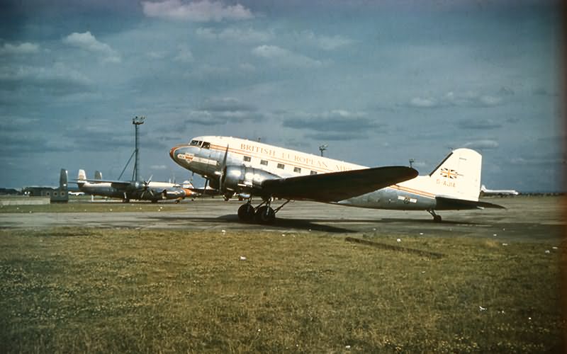 Douglas DC-3 G-AJIA with an Ambassador in the background