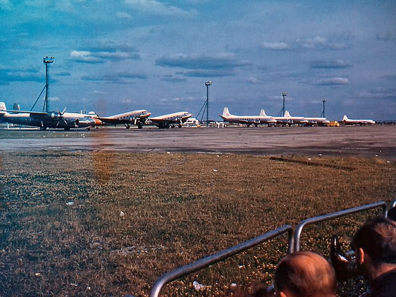 Central Area apron right to left, an Airspeed Ambassador, two Douglas DC-3s and then four Vickers Viscounts.